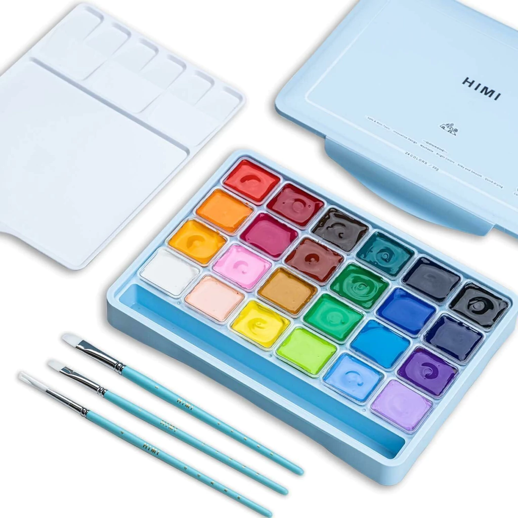 HIMI Jelly Cup Gouache Set - 24 Colours + 3 Brushes (Ice Blue Case Edition)