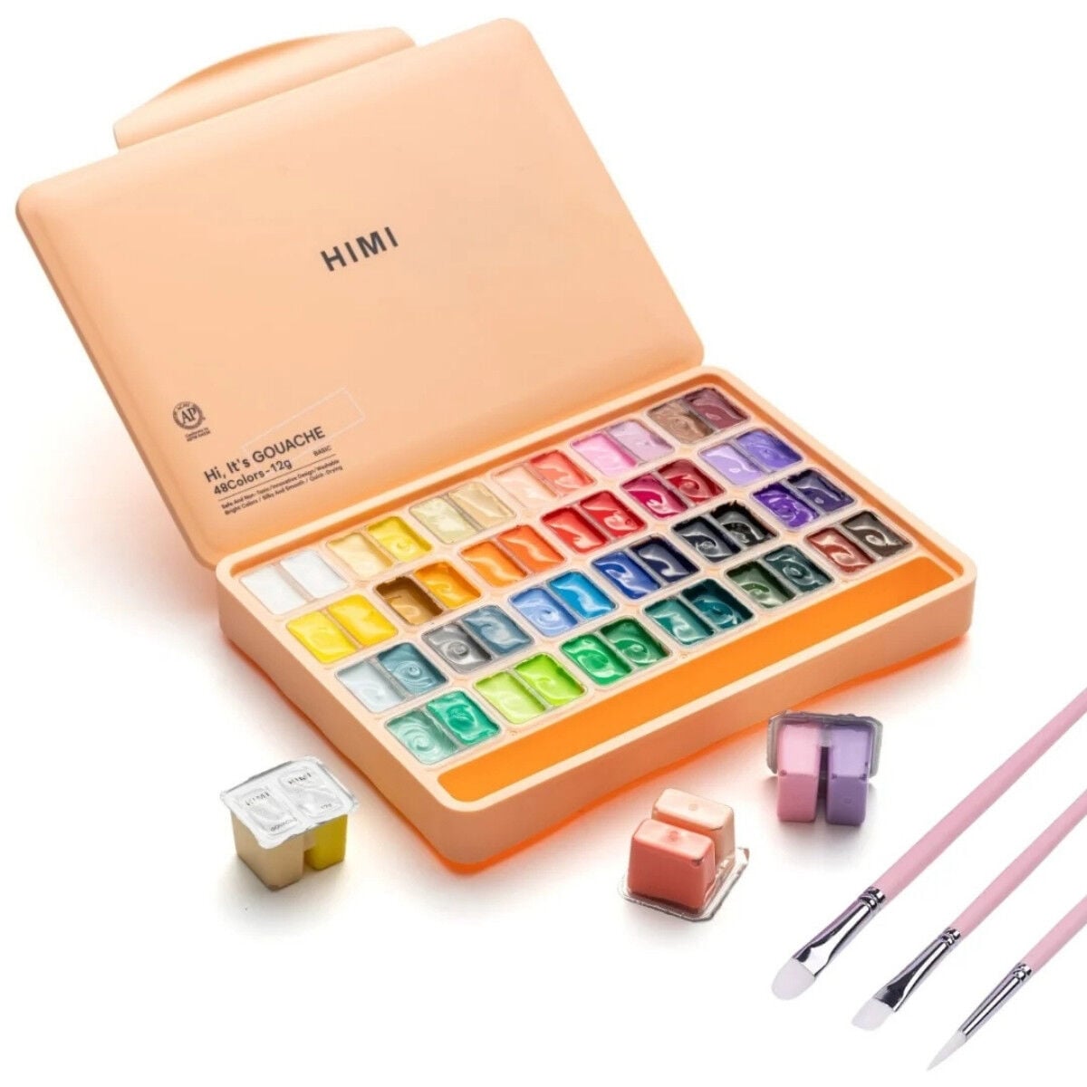HIMI Twin Cup Gouache Set - 48 Colours + 3 Brushes (Peach Fuzz Case Edition)