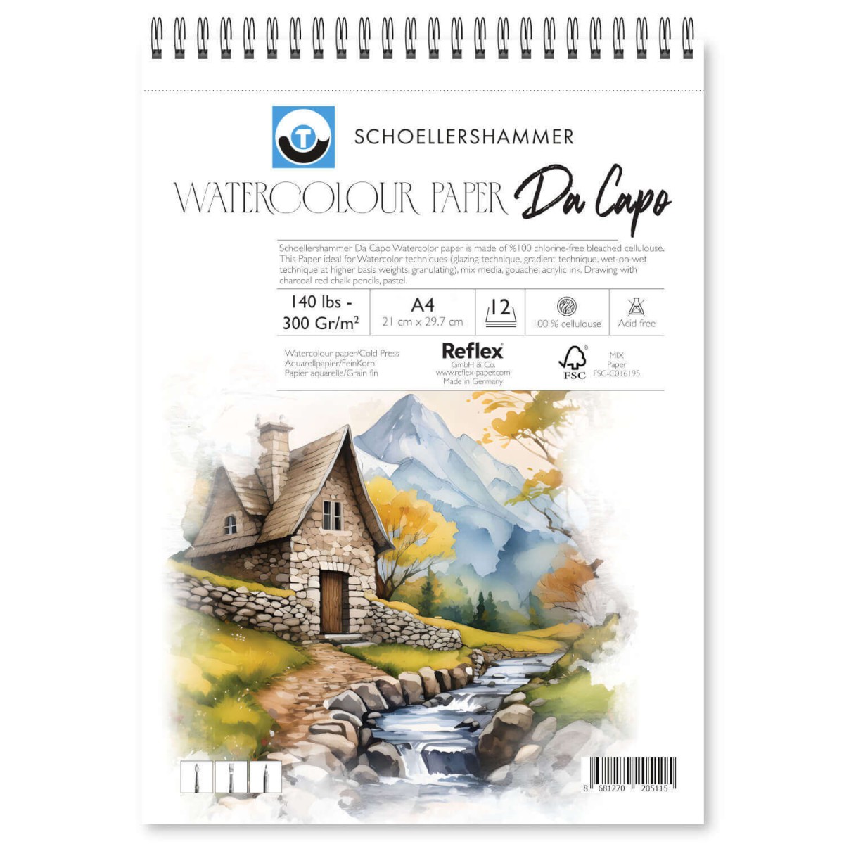 Schoellershammer Da Capo Watercolour Pad 300gr A4 12yp Schoellershammer Da Capo Watercolour Pad 300gr A4 12yp