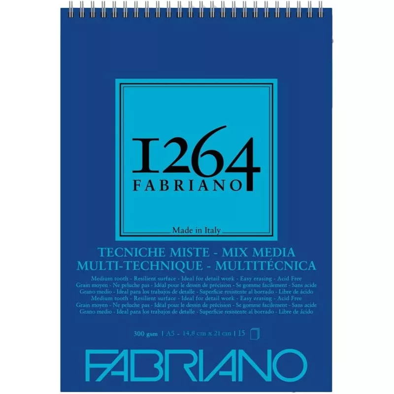 FABRIANO 1264 MIX MEDIA A5 - 300 GR - F-1264 ÇOK AMAÇLI DEFTER - ÜST SPİRALLİ - MİKROPERFORELİ /15YP.