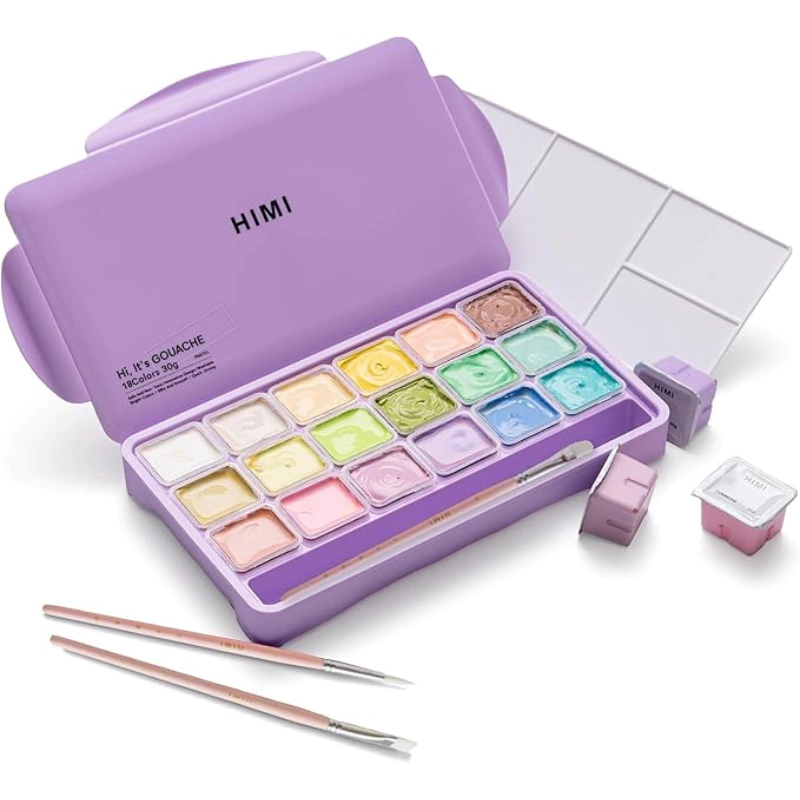 HIMI Jelly Cup Gouache Set - 18 Colours + 3 Brushes (Purple Case - Pastel Edition)