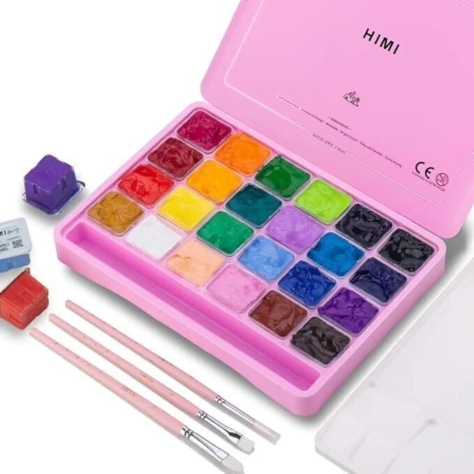 HIMI Jelly Cup Gouache Set - 24 Colours + 3 Brushes (Pink Case Edition)