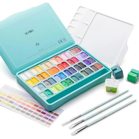 HIMI Twin Cup Gouache Set - 48 Colours + 3 Brushes (Green Case Edition)